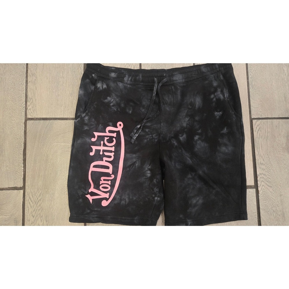 Von Dutch Mens XXL Black Tie Dye Fleece Sweat Shorts Pink Logo Y2K Streetwear